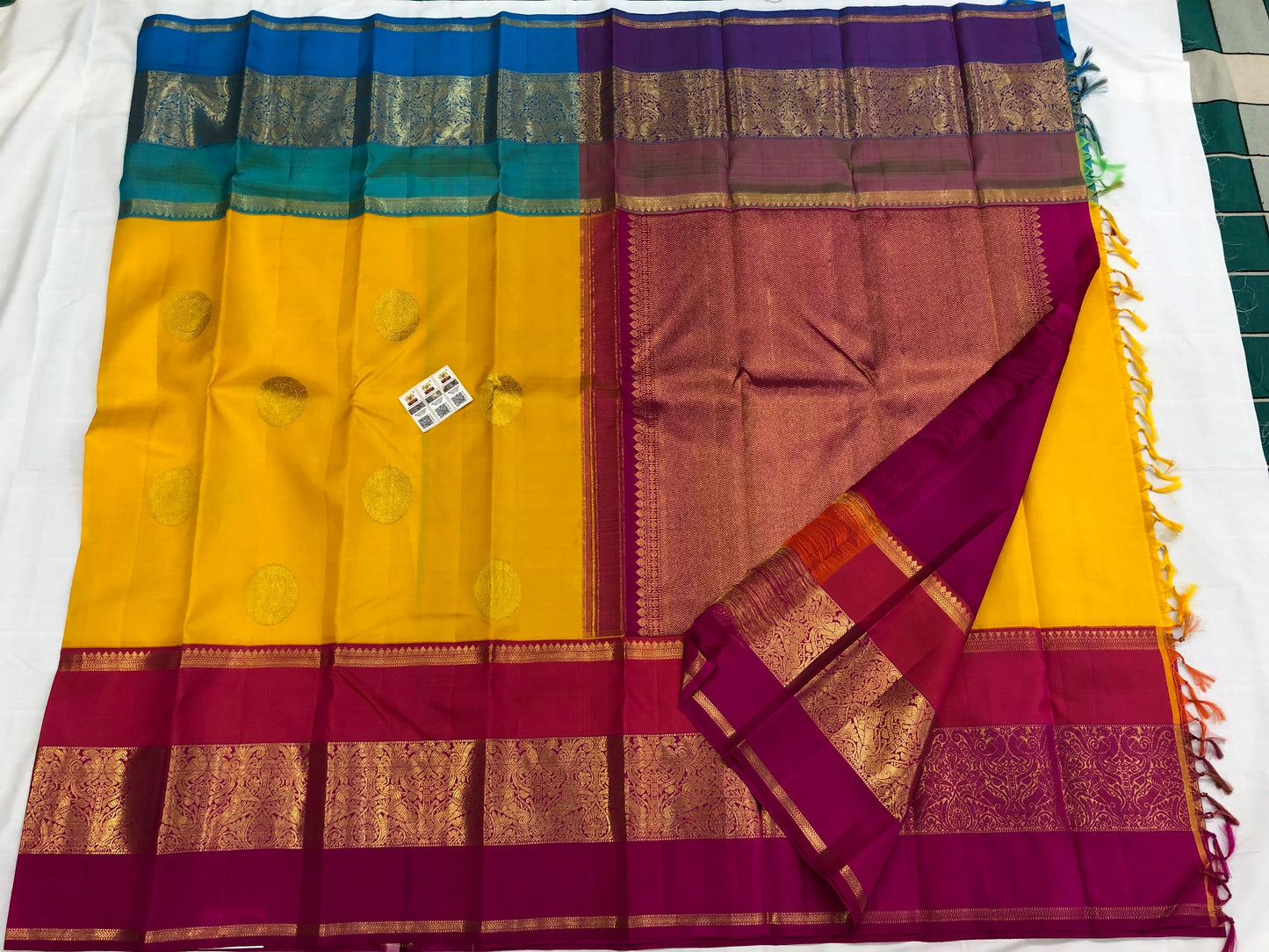 Kanchipuram Pure Silk Saree Yellow Pink Blue Kanjivaram Sari| SPK201