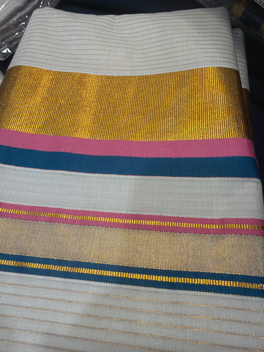 Kerala Vishu Sari Indian hand Printed Kasavu Onam Saree C21 Col 7