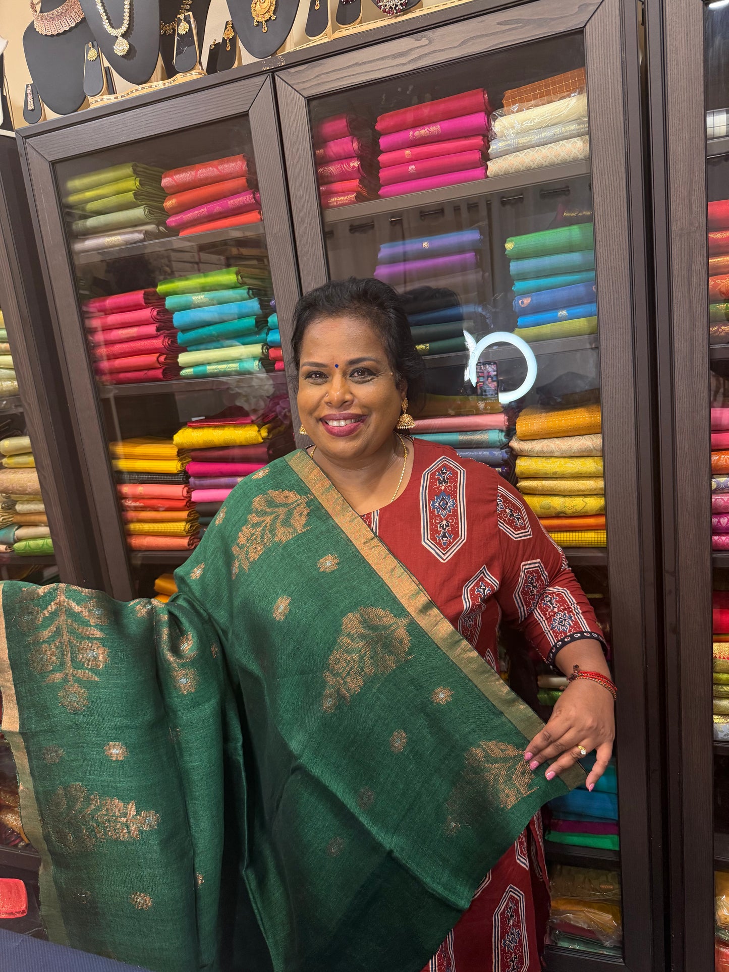 Silk Cotton Linen Sari Indian Saree Copper Jari Green S131