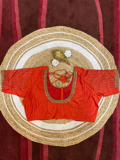 50” Size 20 Aari Worked Sari Blouse Indian Saree Top Silk Orange B55