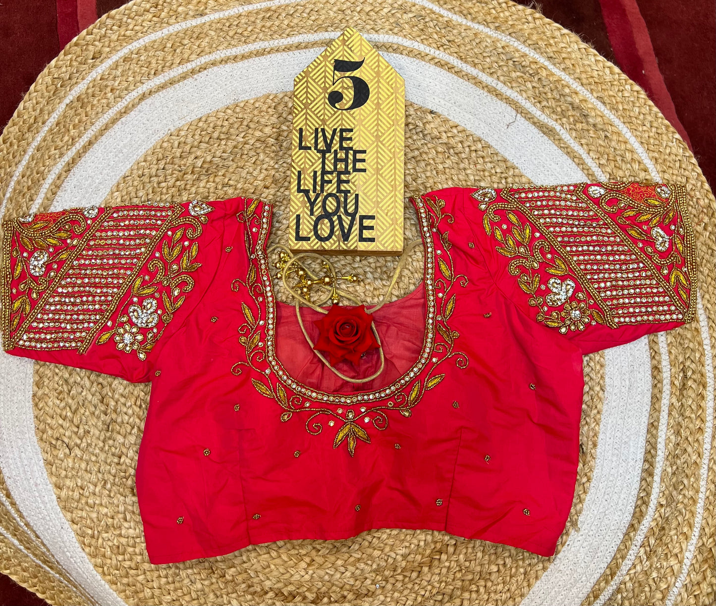 40” Bridal Aari hand Worked Sari Blouse Indian Top Choli Silk Red B37