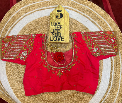 40” Bridal Aari hand Worked Sari Blouse Indian Top Choli Silk Red B37