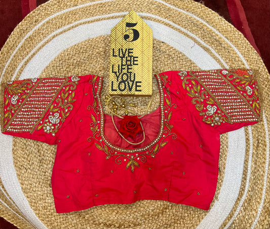 40” Bridal Aari hand Worked Sari Blouse Indian Top Choli Silk Red B37