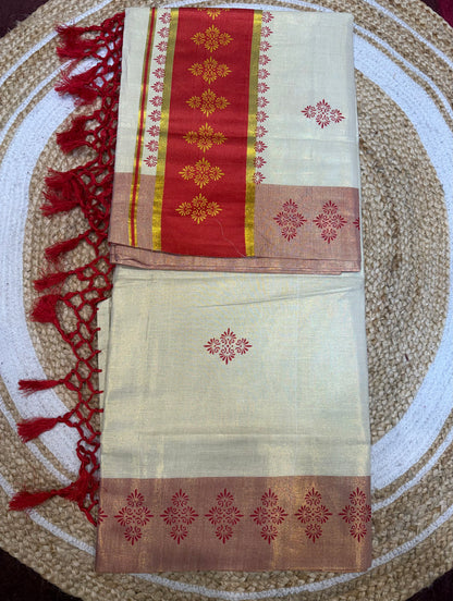 Green Kerala Vishu Sari Indian Cream Tissue Saree C9 - Col 2