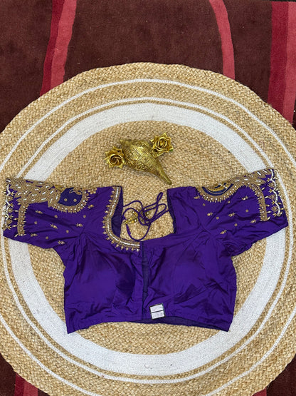 40” Size 10 Aari Worked Sari Blouse Indian Saree Top Silk Purple B76