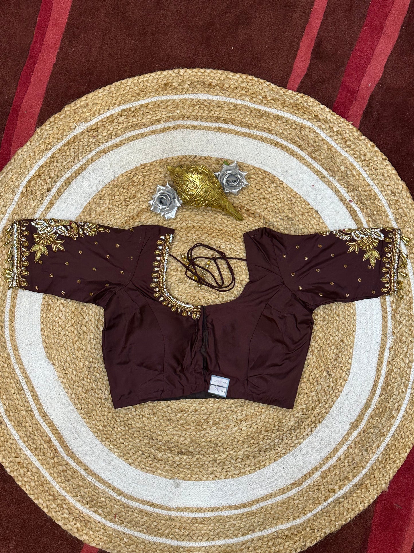 34” XSmall Aari Worked Sari Blouse Indian Saree Top Silk Deep Wine B123