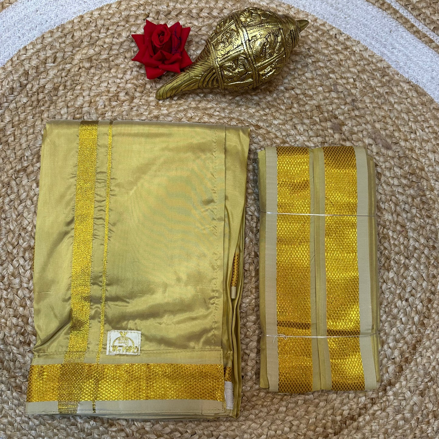 38” Med Men’s South Indian Vesti Shirt Combo Gold Silk Dhotti V13