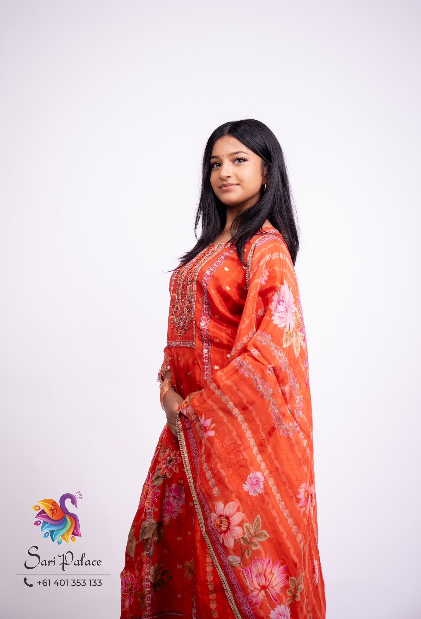 Orange Floral Indian Pakistani Outfit Salwar Kameez Kurti Suit EID SS41