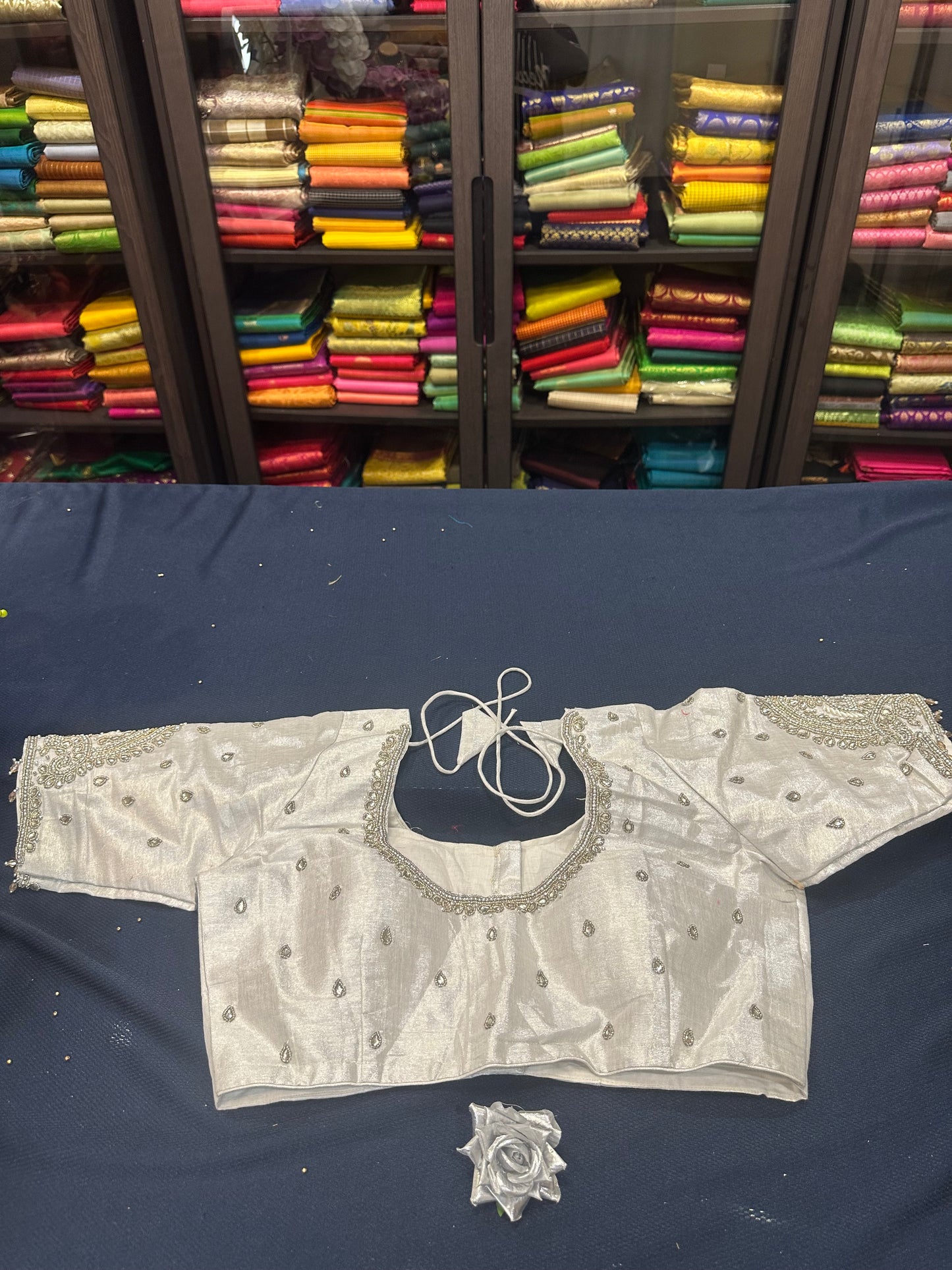 40” Aari hand Worked Sari Blouse Indian Top Choli Silk Silver B23