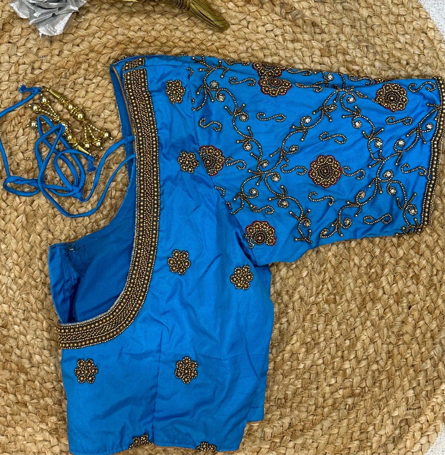 34” XSmall size Aari Worked Sari Blouse Indian Saree Top BLUE B143