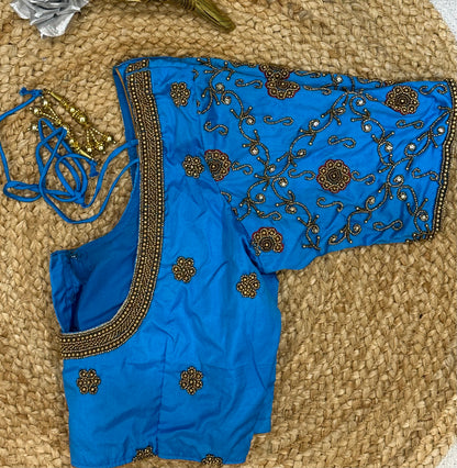 34” XSmall size Aari Worked Sari Blouse Indian Saree Top BLUE B143