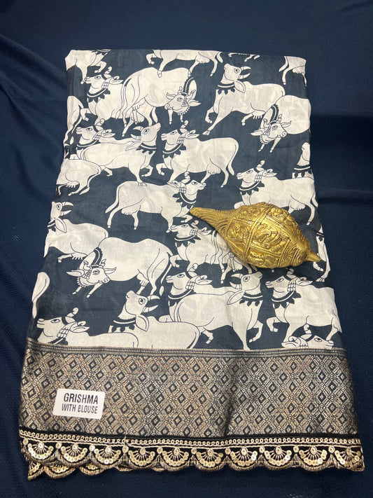 Kalamkari black and white Sari Indian casual Saree C6