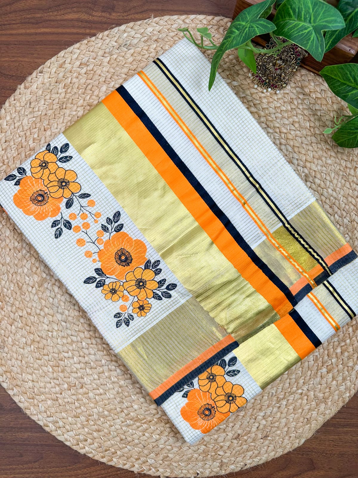 Orange Floral Kerala Vishu Sari Indian Onam Gold Saree C13