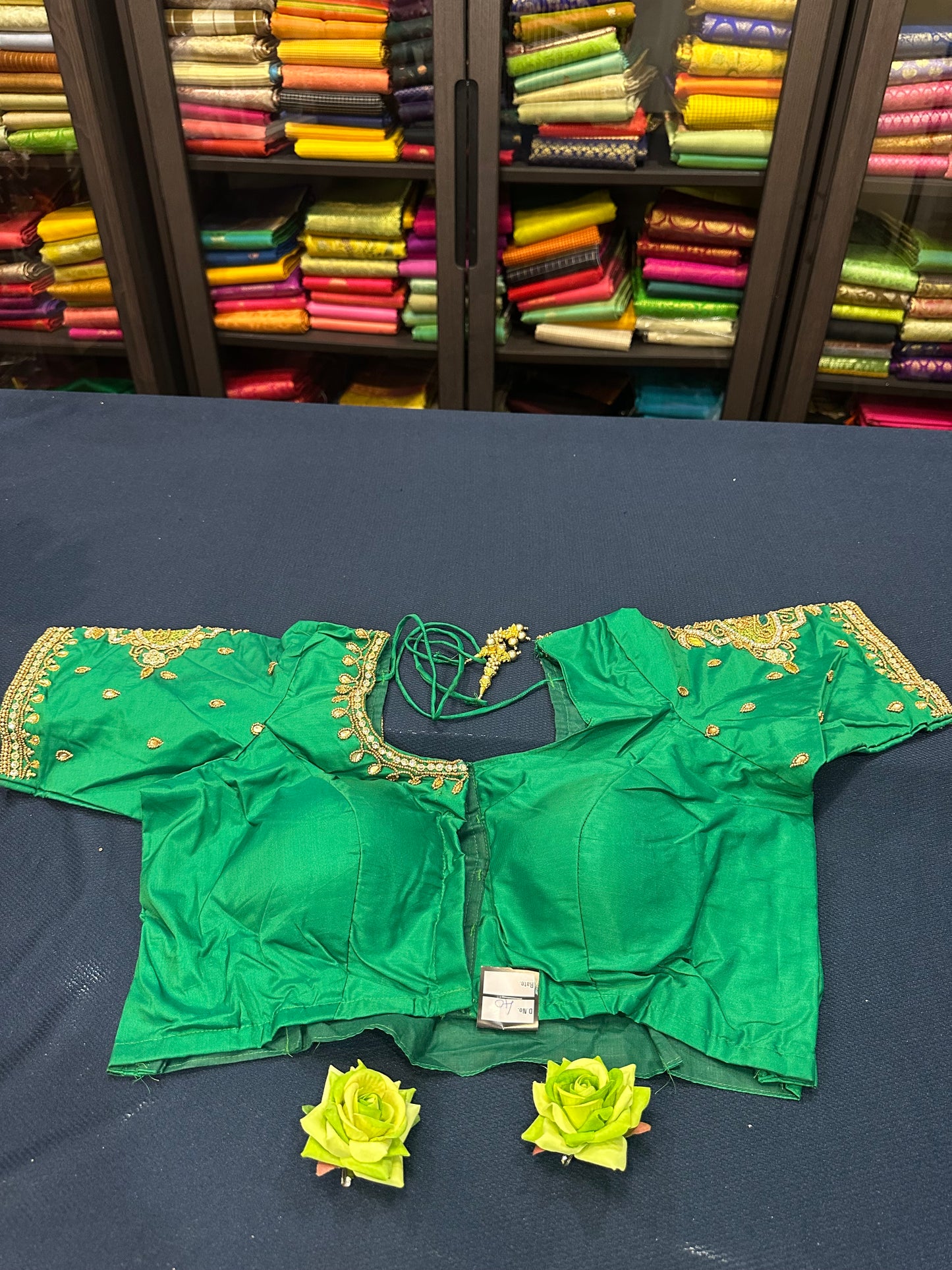 40” Aari hand Worked Sari Blouse Indian Top Choli Silk Green B5