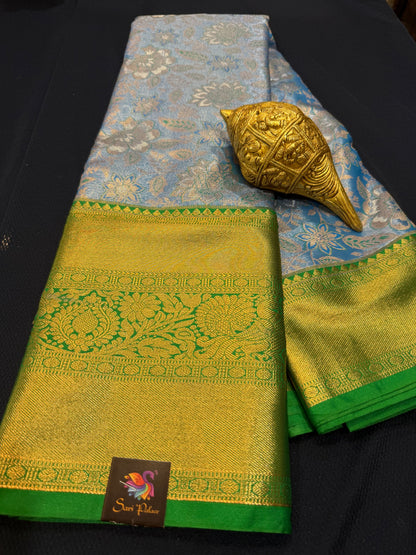 Semi Silk Indian Bridal Tissue Kanjivaram / Kanchipuram Sari Blue Saree SEMI1
