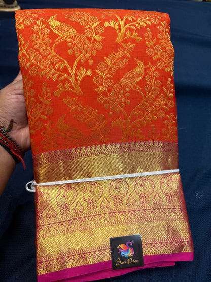 Kanchipuram Korvai Bridal Pure Silk Saree with Gold Zari Orange & Pink Sari| SPK074