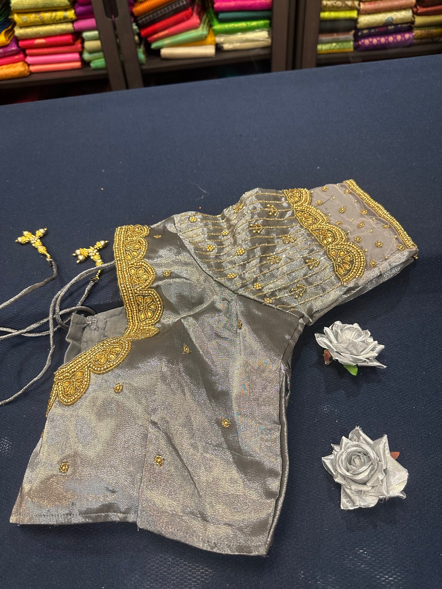 40” Aari hand Worked Sari Blouse Indian Top Choli Silk Metallic Antique Gold B15