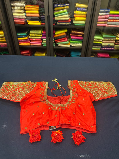 40” Aari hand Worked Sari Blouse Indian Top Choli Silk Red B18