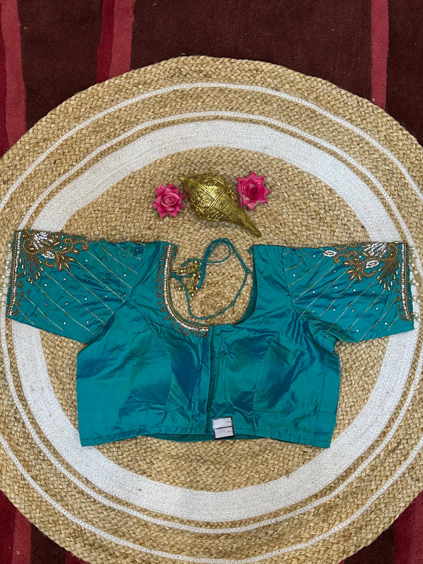40” Size 10 Aari Worked Sari Blouse Indian Saree Top Silk Teal Green B90