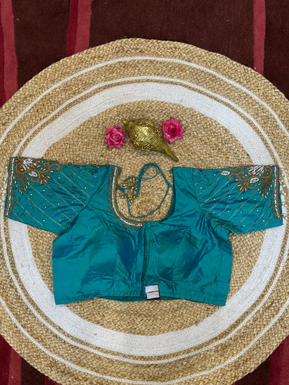 40” Size 10 Aari Worked Sari Blouse Indian Saree Top Silk Teal Green B90