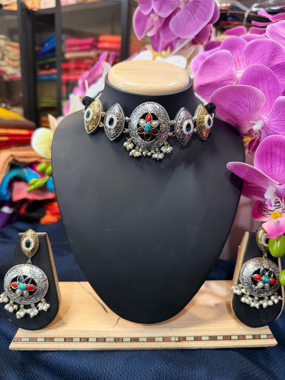 Handmade Brass Necklace with Silver polish Indian Tribal Multi Jewellery N93
