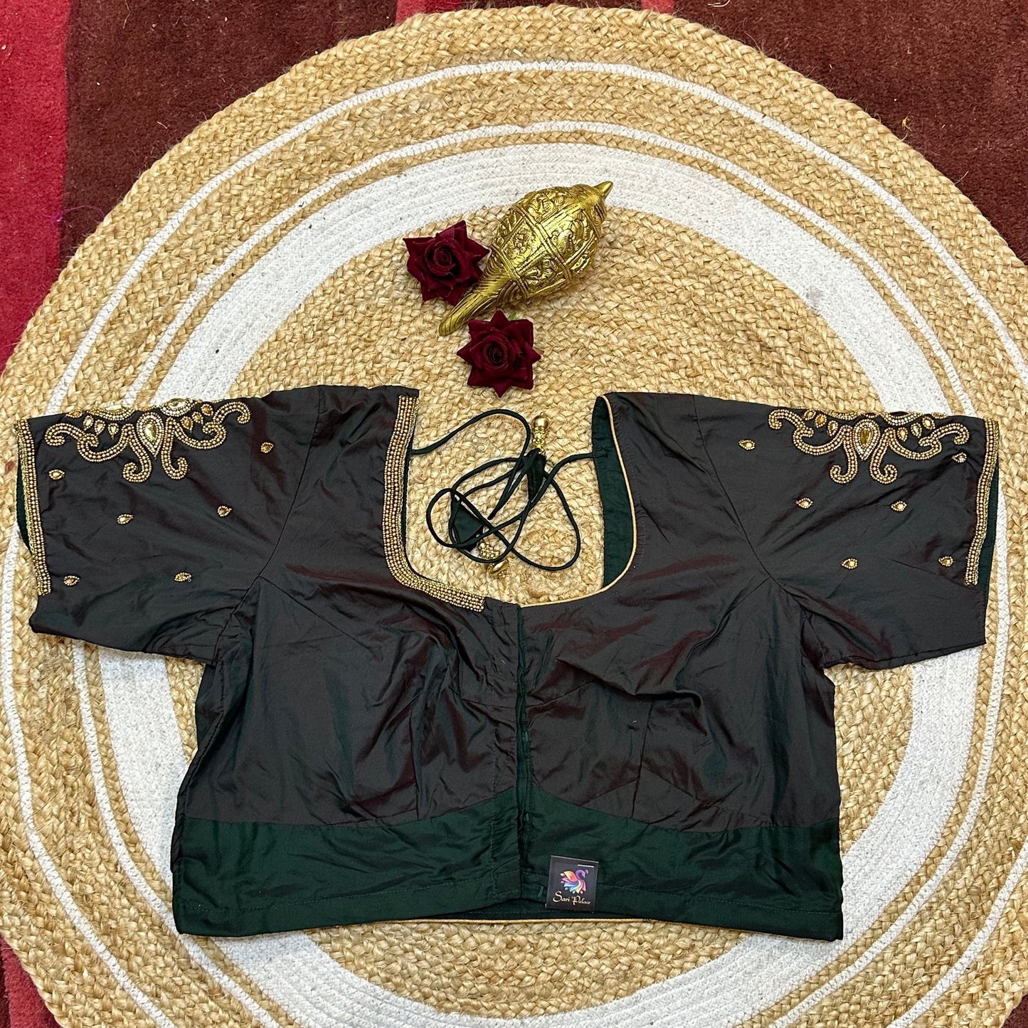 44” Size 14 Aari Sari Blouse Indian Saree Top Silk Deep Green B251