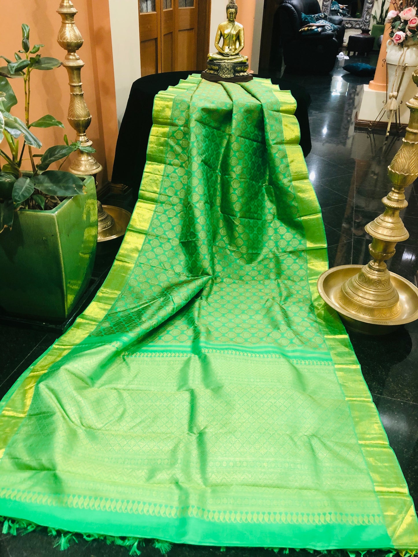 Bridal Kanchipuram Pure Silk Saree Green Kanjivaram Sari| SPK155