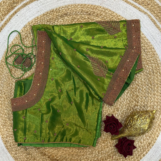 50” Size 20 Aari Sari Blouse Indian Saree Top Silk Metallic Green B243