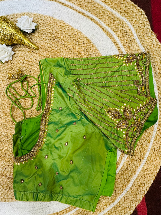 50” Size 20 Aari Worked Sari Blouse Indian Saree Top Silk Green B58
