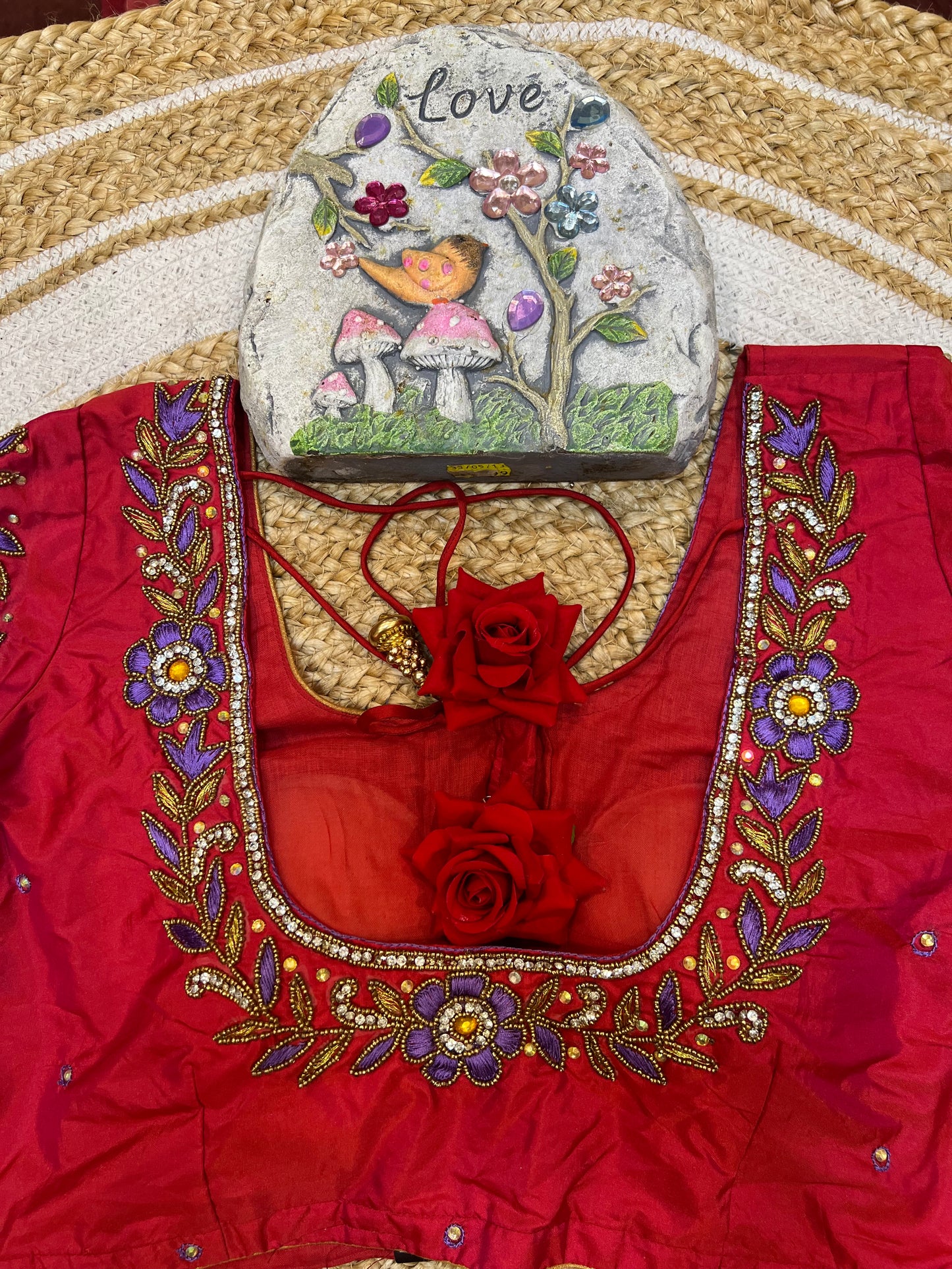 40” Aari hand Worked Sari Blouse Indian Top Choli Silk Red B32