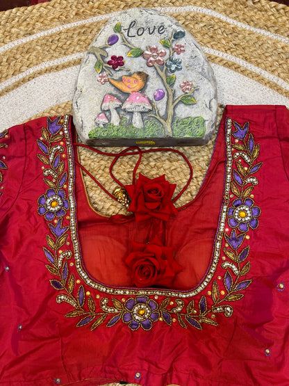 40” Aari hand Worked Sari Blouse Indian Top Choli Silk Red B32