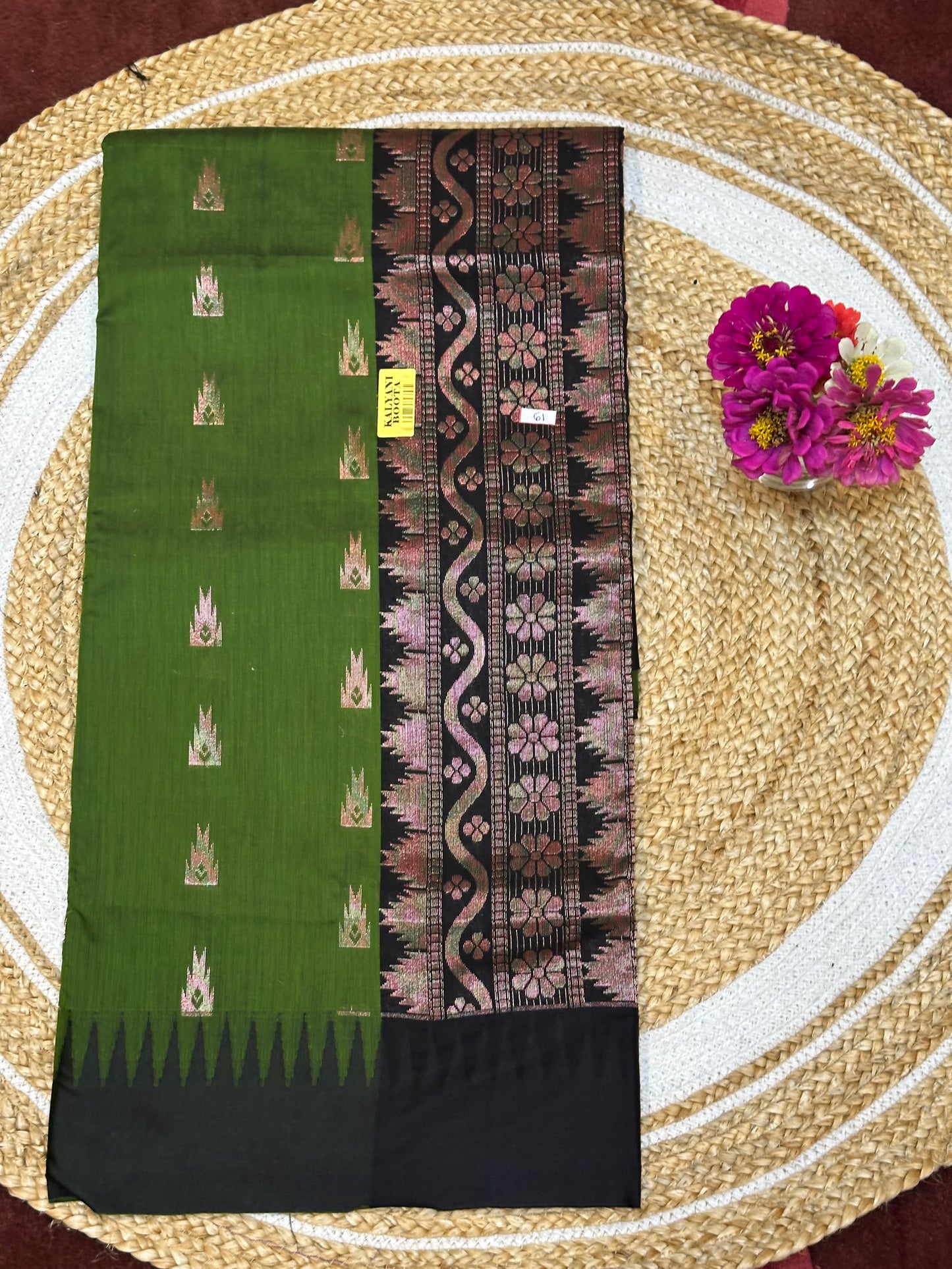 Kalyani checkered Silk Cotton Sari Indian Saree Green & Black S7