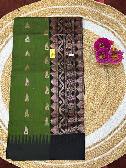 Kalyani checkered Silk Cotton Sari Indian Saree Green & Black S7