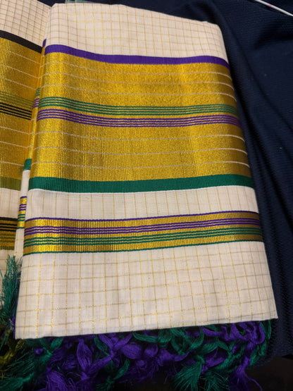 Kerala Vishu Sari Indian hand Printed Kasavu Onam Saree C36 Col 6