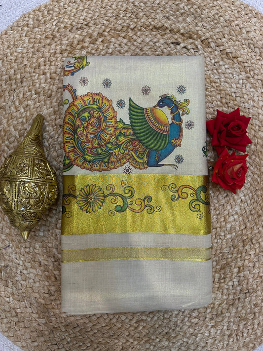 Kerala Vishu Sari Indian Cream Tissue hand Printed Onam Saree C7 - Col 7