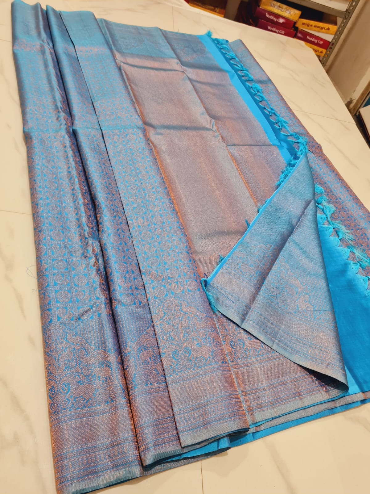 Kerala style Kanchipuram Pure Silk Blue Saree Matt Zari Kanjivaram Sari| SPK125