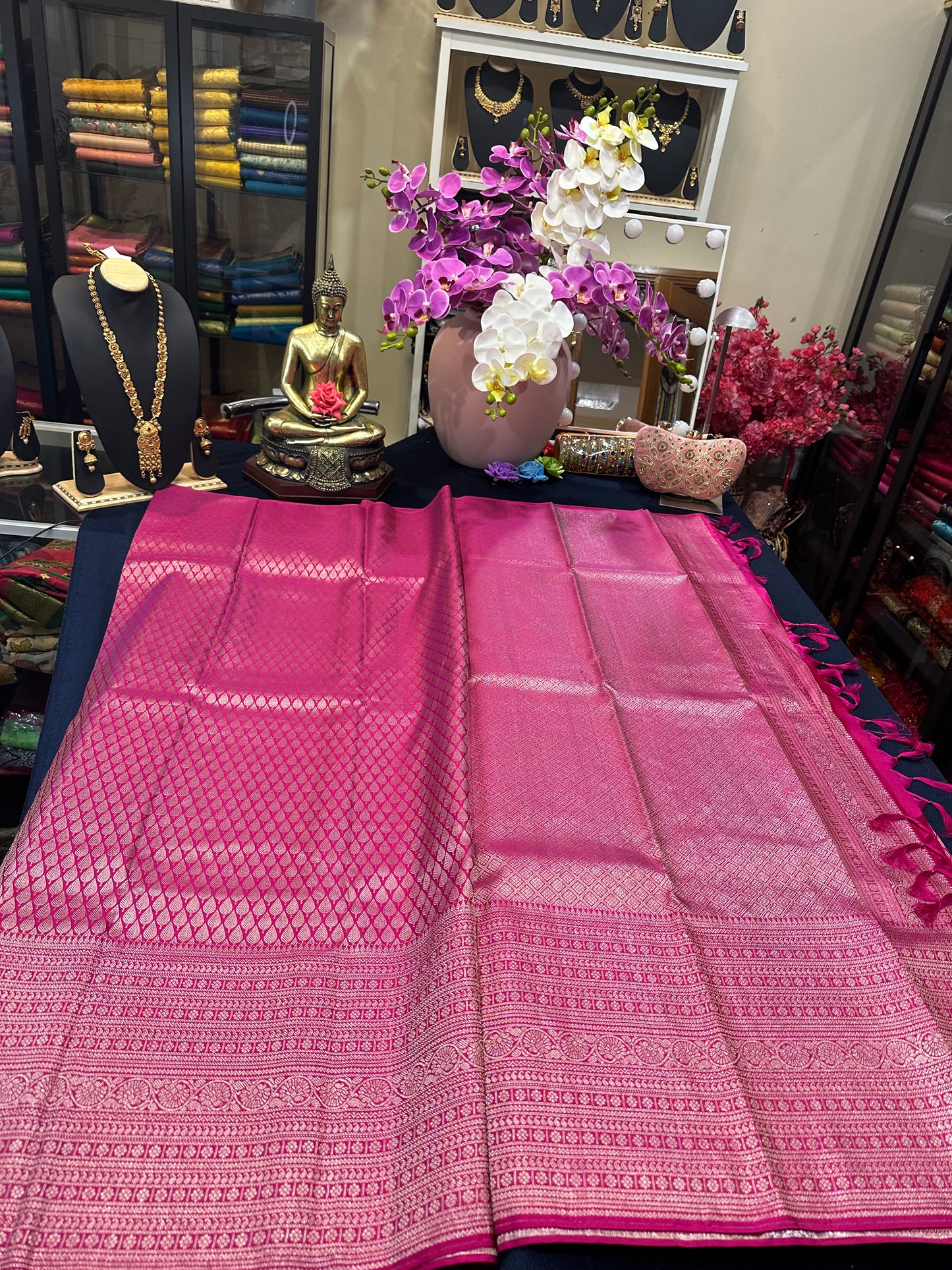 Kerala style Kanchipuram Pure Silk Pink Saree Matt Zari Kanjivaram Sari| SPK126