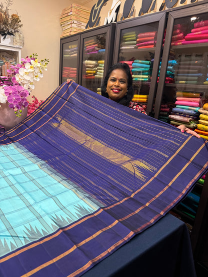 2g Gold Kanchipuram Pure Silk Saree Blue Vintage Kanjivaram Sari SPK212