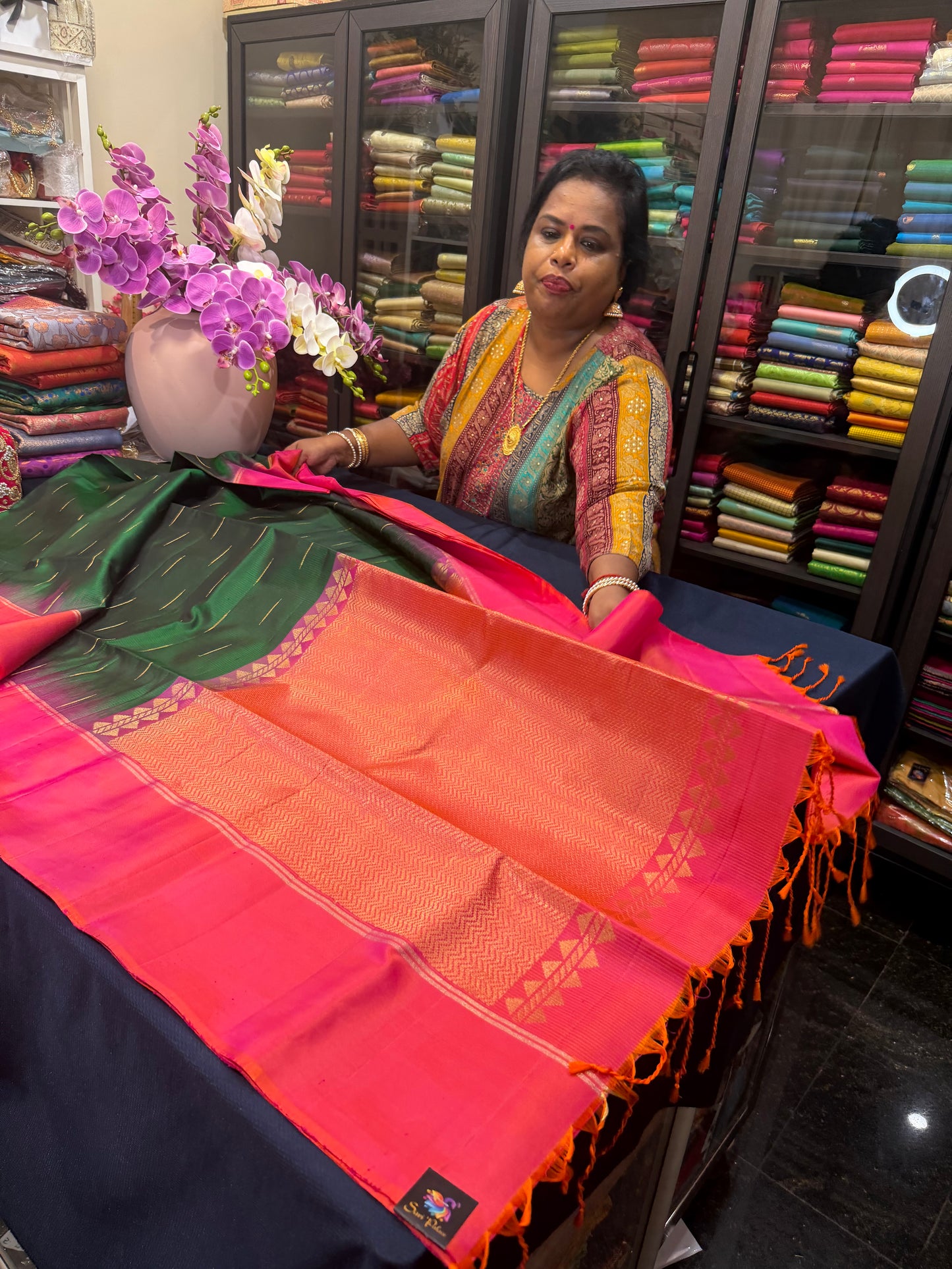 Kanchipuram Soft Silk Saree Pure Silk Sari Green Orange Colour | SS2