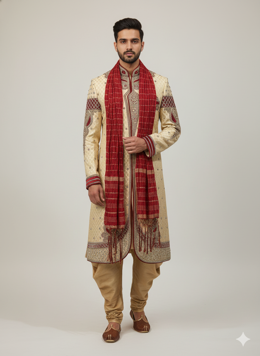 38” Medium size Men’s Kurta Indian Ceam & Maroon Sherwani Bollywood outfit M13