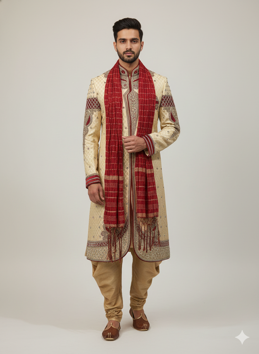 38” Medium size Men’s Kurta Indian Ceam & Maroon Sherwani Bollywood outfit M13