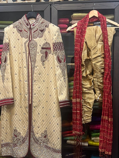 38” Medium size Men’s Kurta Indian Ceam & Maroon Sherwani Bollywood outfit M13