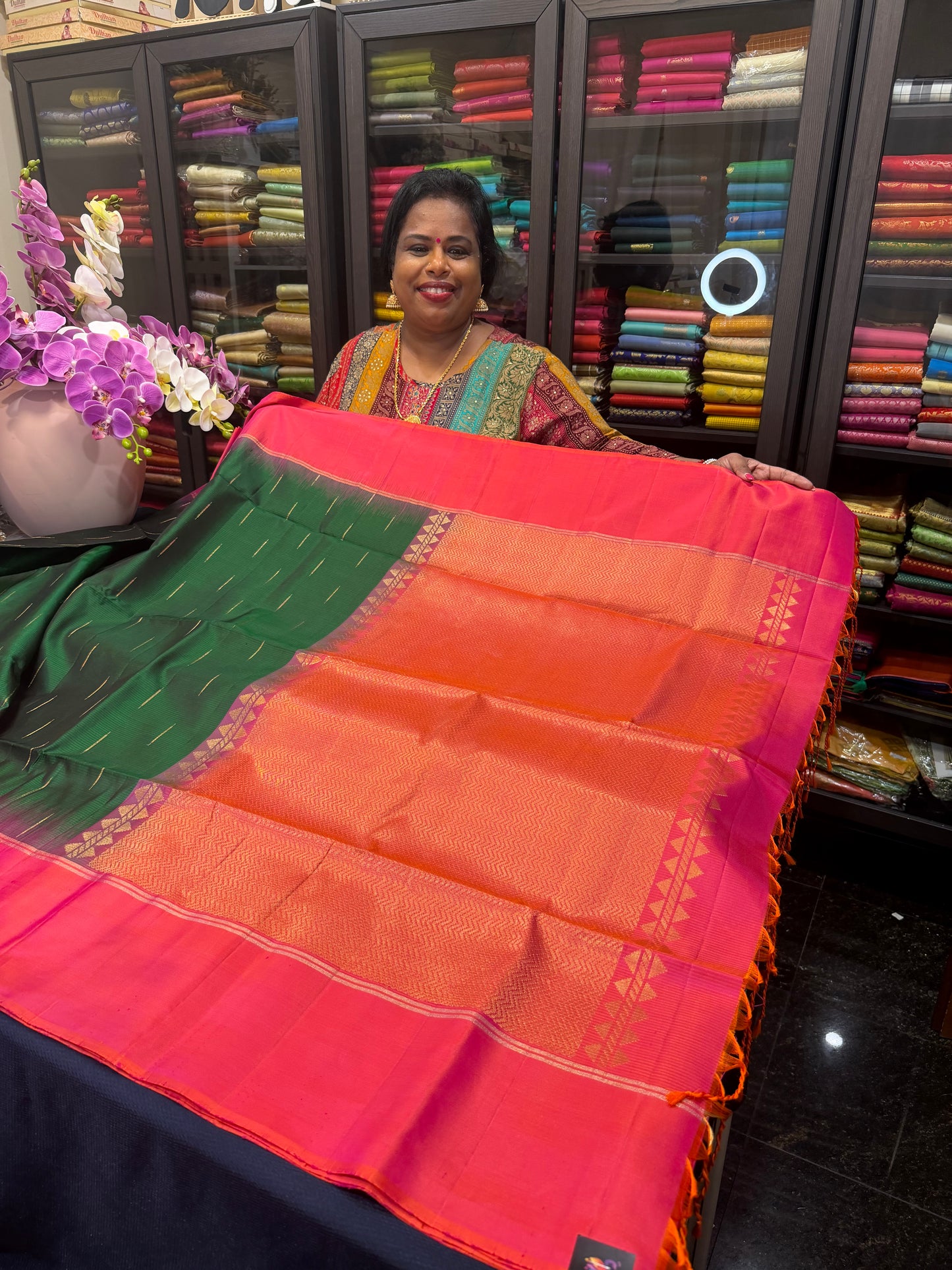 Kanchipuram Soft Silk Saree Pure Silk Sari Green Orange Colour | SS2