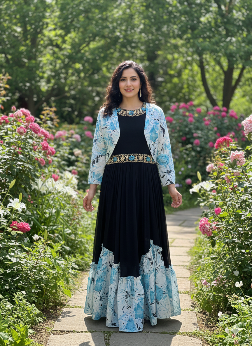 38” M Size 8 Indowestern Anarkali Georgette Gown Jacket Dress SS10