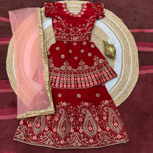 28” Size 6 to 7 Indian Peplum Lehenga Red Maroon Pavadai Sattai Skirt Top G71 Col 4