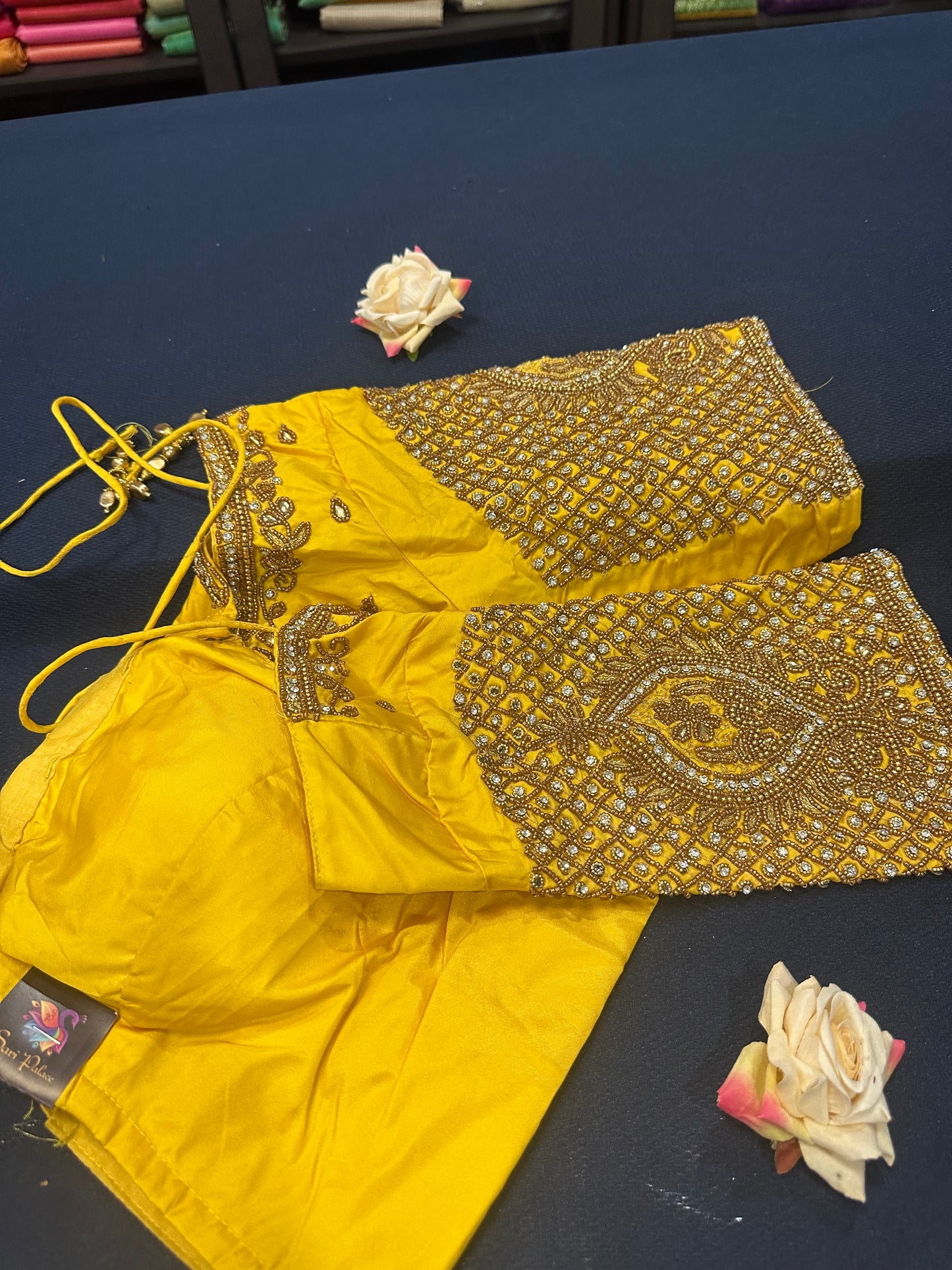 40” Aari hand Worked Sari Blouse Indian Top Choli Silk Yellow B21