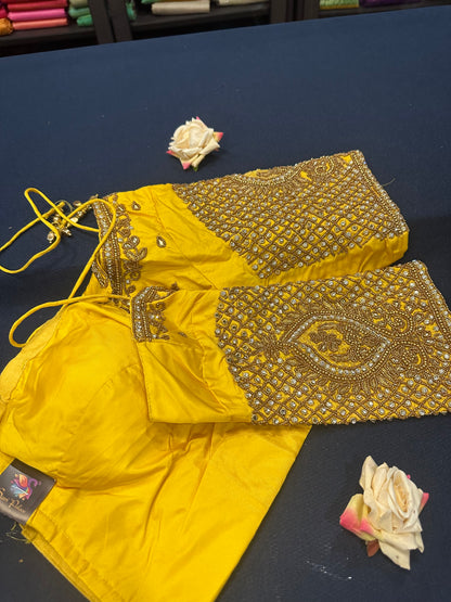 40” Aari hand Worked Sari Blouse Indian Top Choli Silk Yellow B21