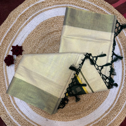 Brown Kerala Vishu Sari Indian Cream Tissue Saree C34