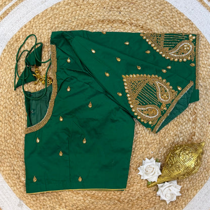 46” Size 16 Aari Worked Sari Blouse Indian Saree Top Silk Bottle Green B226