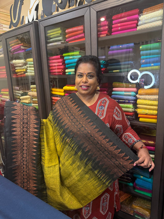 Silk Cotton Linen Sari Indian Saree Copper Jari Mehendi Green Black S127